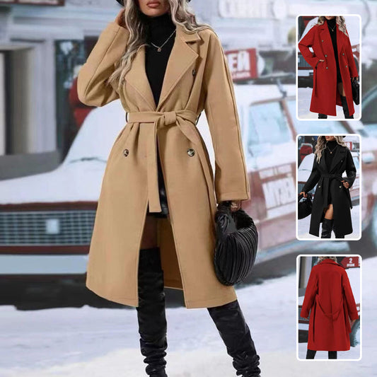 Women's Winter Trench Coat – Long Solid Color Belted Jacket with Lapel Collar