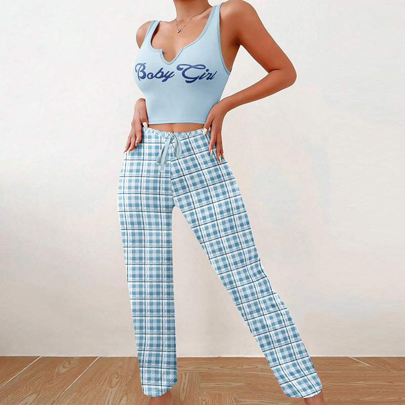 Women’s 2-Piece Plaid Pajama Set – Sleeveless Letter Print Top & Color-Block Trousers, Spring/Summer Loungewear