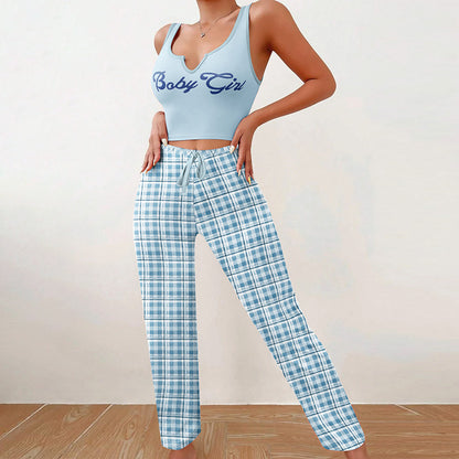 Women’s 2-Piece Plaid Pajama Set – Sleeveless Letter Print Top & Color-Block Trousers, Spring/Summer Loungewear