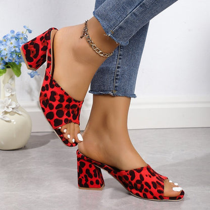 Women’s Leopard Print Square Toe Sandals – Chunky High-Heeled Summer Slippers