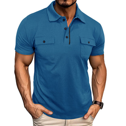 Men’s Summer Polo Shirt – Short Sleeve Button-Up with Lapel Collar & Pockets, Outdoor Casual Top