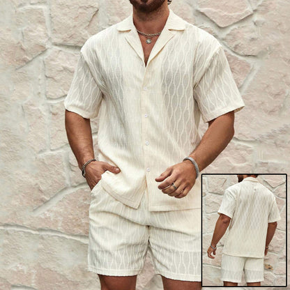 Men's Summer Tracksuit Set – Casual Solid Color Button Shirt & Shorts Outfit for Beach & Holiday Wear