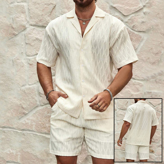 Men's Summer Tracksuit Set – Casual Solid Color Button Shirt & Shorts Outfit for Beach & Holiday Wear