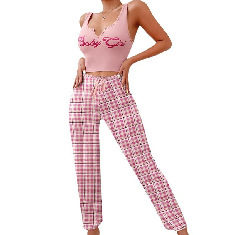 Women’s 2-Piece Plaid Pajama Set – Sleeveless Letter Print Top & Color-Block Trousers, Spring/Summer Loungewear