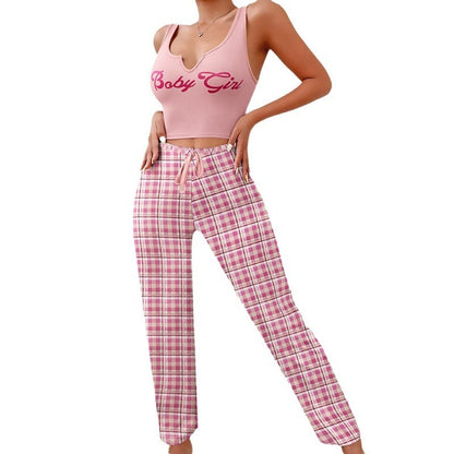 Women’s 2-Piece Plaid Pajama Set – Sleeveless Letter Print Top & Color-Block Trousers, Spring/Summer Loungewear