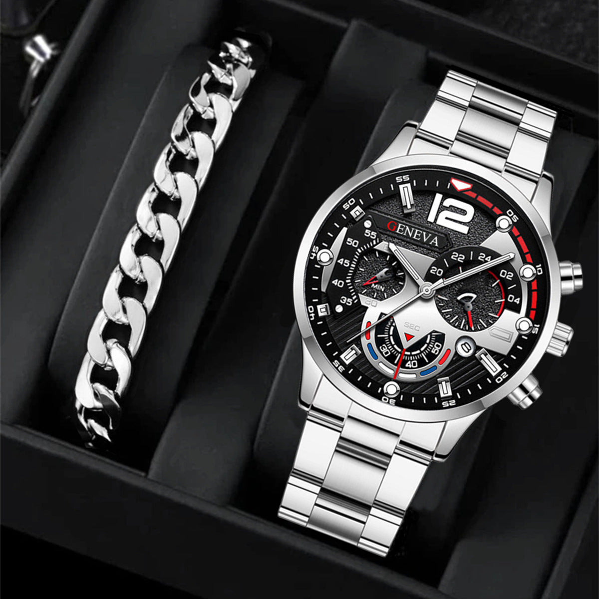 Men's 2-Piece Quartz Watch & Bracelet Set – Fashion Steel Strap Business Watch with Three-Eye Dial