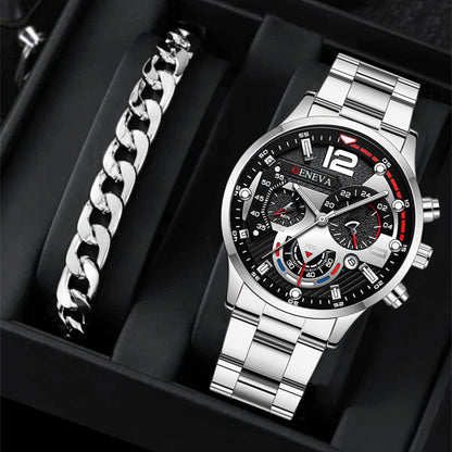 Men's 2-Piece Quartz Watch & Bracelet Set – Fashion Steel Strap Business Watch with Three-Eye Dial