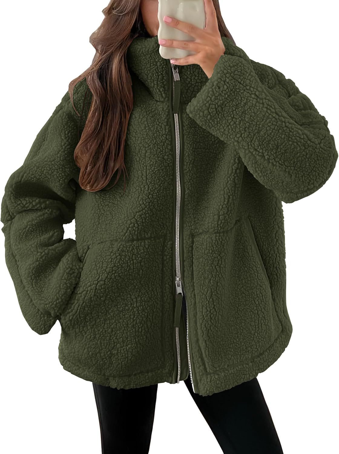 Women's Winter Lapel Zip-Up Fleece Jacket – Casual Solid Coat with Pockets, Long Sleeves