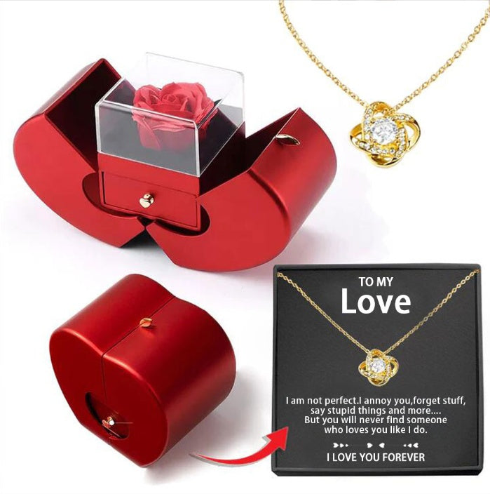 Eternal Rose Jewelry Box – Red Apple Gift Box with Artificial Rose Flower & Necklace for Girls