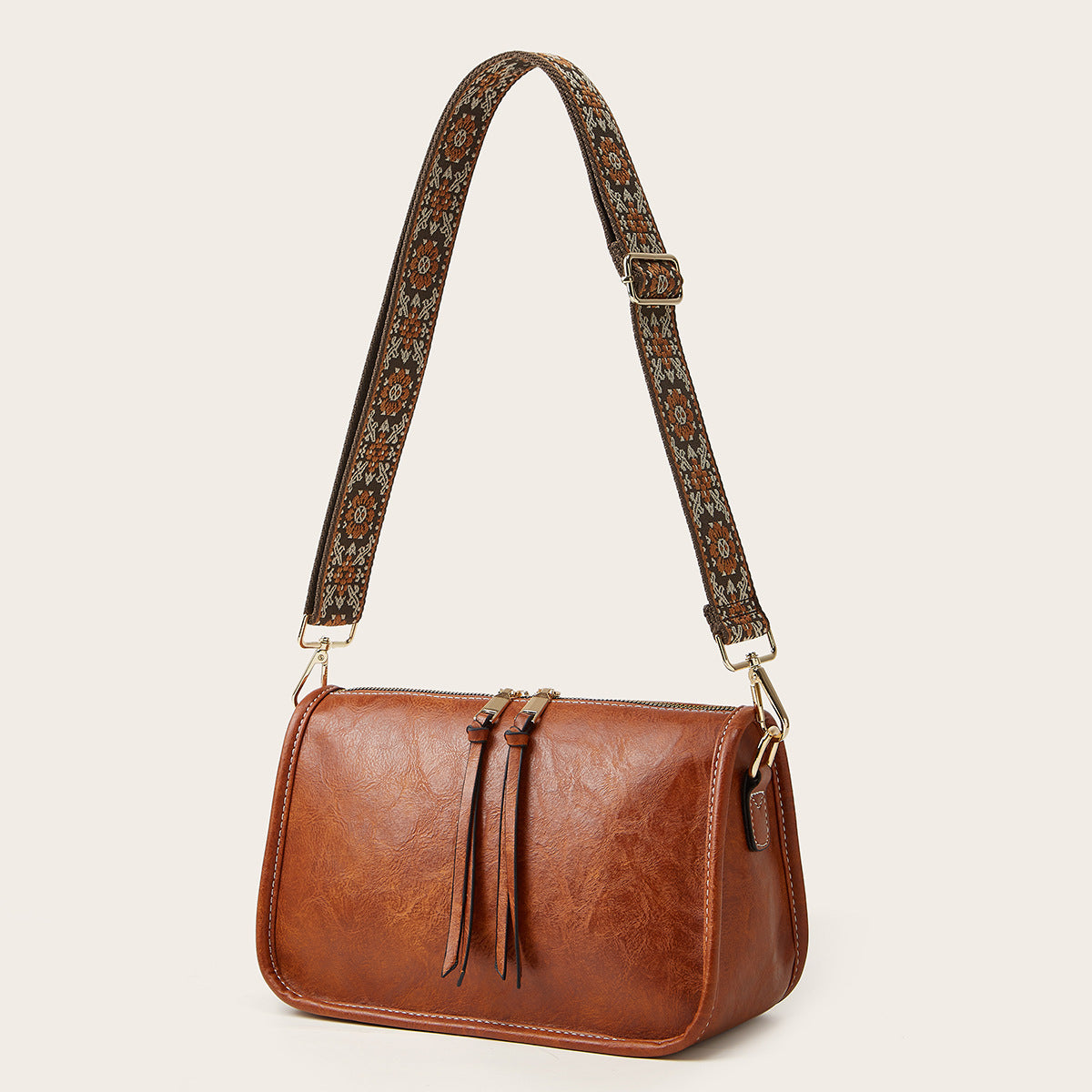 Women's Bohemian Crossbody Tote – Retro Solid Color Bag with Wide Shoulder Strap