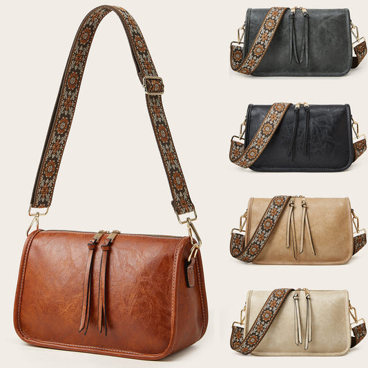 Women's Bohemian Crossbody Tote – Retro Solid Color Bag with Wide Shoulder Strap