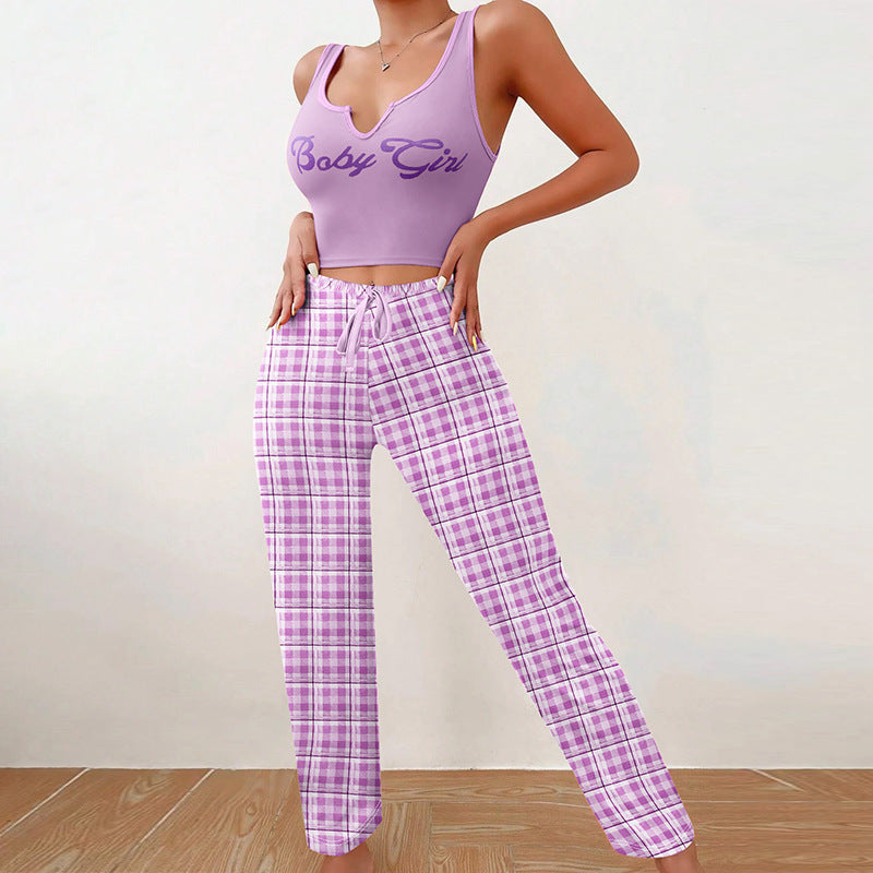 Women’s 2-Piece Plaid Pajama Set – Sleeveless Letter Print Top & Color-Block Trousers, Spring/Summer Loungewear