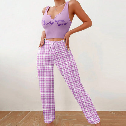 Women’s 2-Piece Plaid Pajama Set – Sleeveless Letter Print Top & Color-Block Trousers, Spring/Summer Loungewear