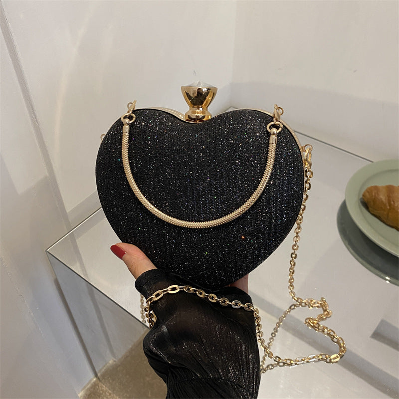 Heart-Shaped Evening Clutch Bag for Women – Shiny Metal Handbag with Chain Strap, Luxury Crossbody Purse for Parties