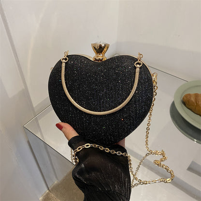 Heart-Shaped Evening Clutch Bag for Women – Shiny Metal Handbag with Chain Strap, Luxury Crossbody Purse for Parties