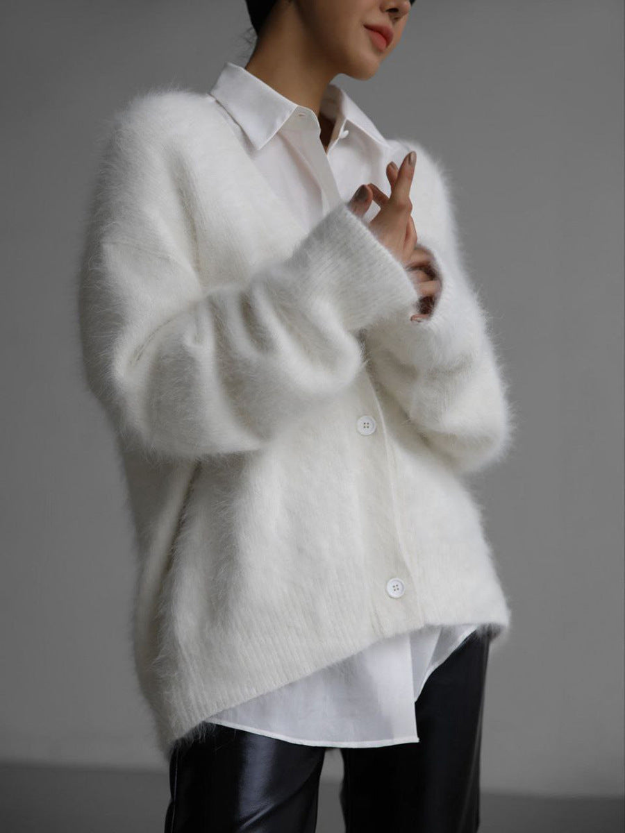 Women’s V-Neck Button Cardigan – Loose Knit Fall/Winter Sweater Top