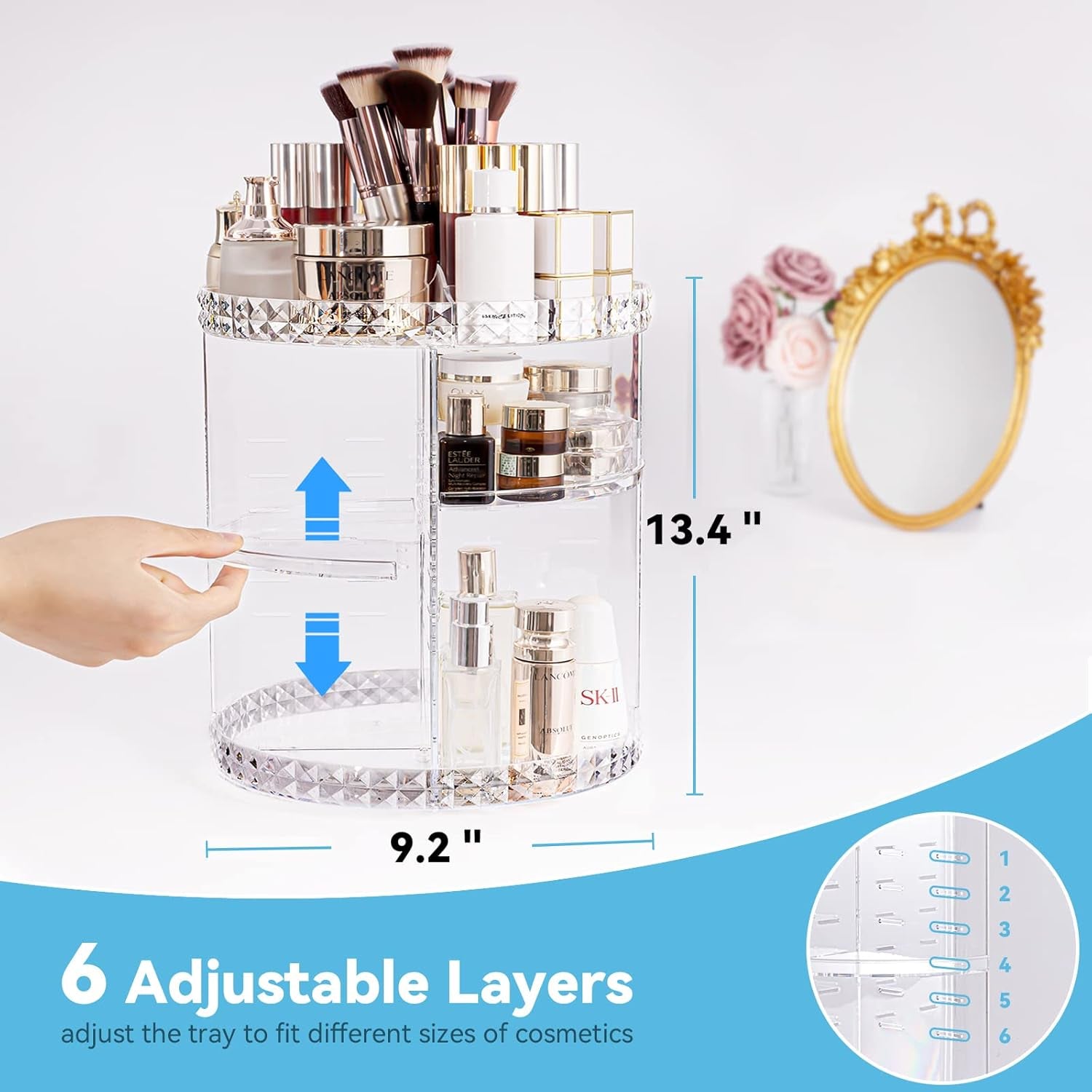 Skin Care Organizer 360 Rotating and 6 Adjustable Layers, Large Capacity Holder Stand Storage Rack Clear Plastic for Makeup Cosmetics Lipstick Lotion Perfume