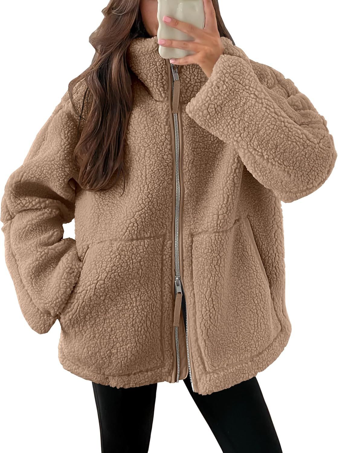 Women's Winter Lapel Zip-Up Fleece Jacket – Casual Solid Coat with Pockets, Long Sleeves