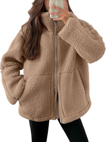 Women's Winter Lapel Zip-Up Fleece Jacket – Casual Solid Coat with Pockets, Long Sleeves