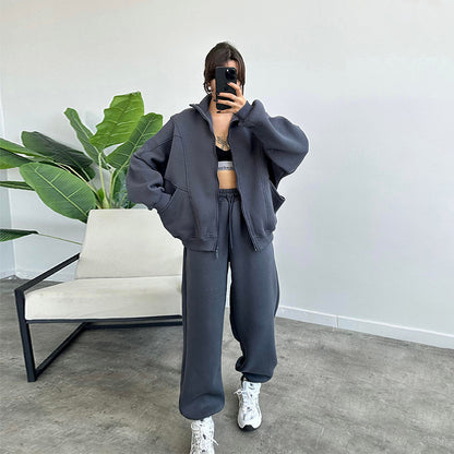 Women's Jogger Tracksuit Set – Zipper Stand Collar Cardigan & Drawstring Pants with Pockets