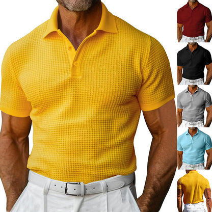 Men’s Waffle Knit Polo Shirt – Short Sleeve Summer Lapel Top