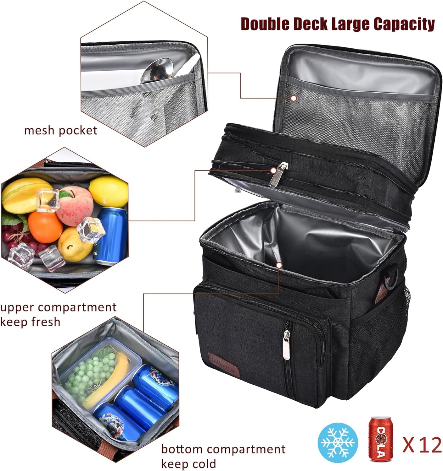 Lunch Bag for Women Men Double Deck Lunch Box - Leakproof Insulated Soft Large Lunch Cooler Bag,  (Black,15L)
