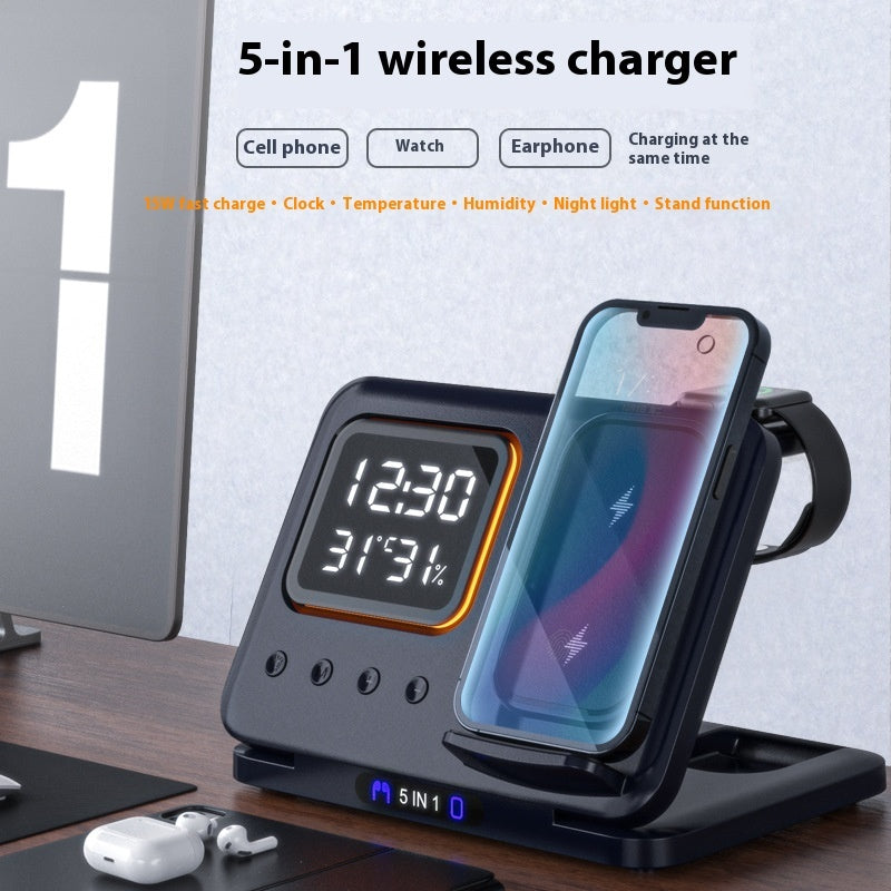 5-in-1 Wireless Charging Station – 15W Fast Charger Stand with LED Digital Alarm Clock