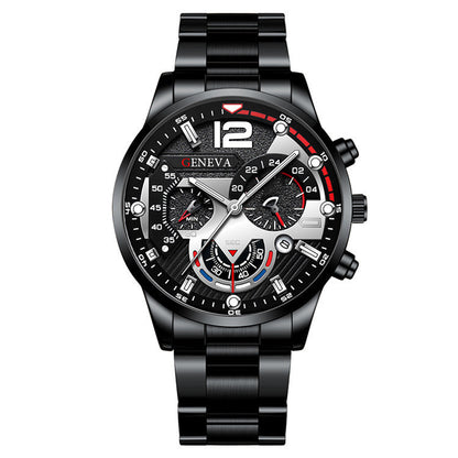 Men's 2-Piece Quartz Watch & Bracelet Set – Fashion Steel Strap Business Watch with Three-Eye Dial