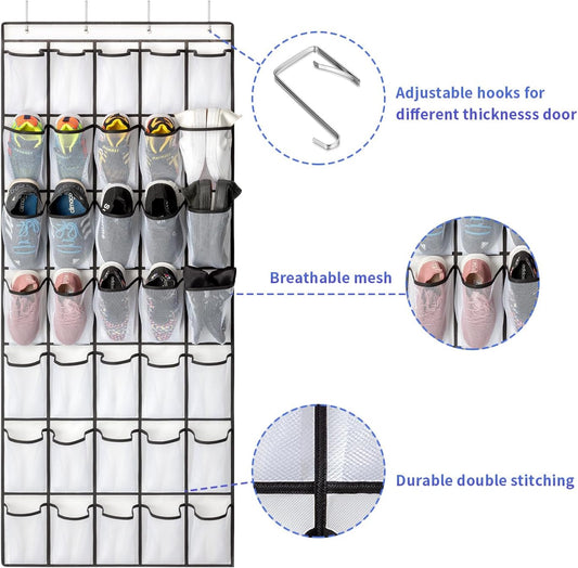 35 Pockets over the Door Shoe Organizer, Hanging Shoe Organizer for Door Large Capacity Shoe Storage Bag with 4 Metal Hooks (White-1Pack)