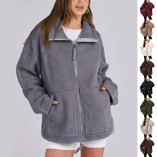 Women's Winter Lapel Zip-Up Fleece Jacket – Casual Solid Coat with Pockets, Long Sleeves