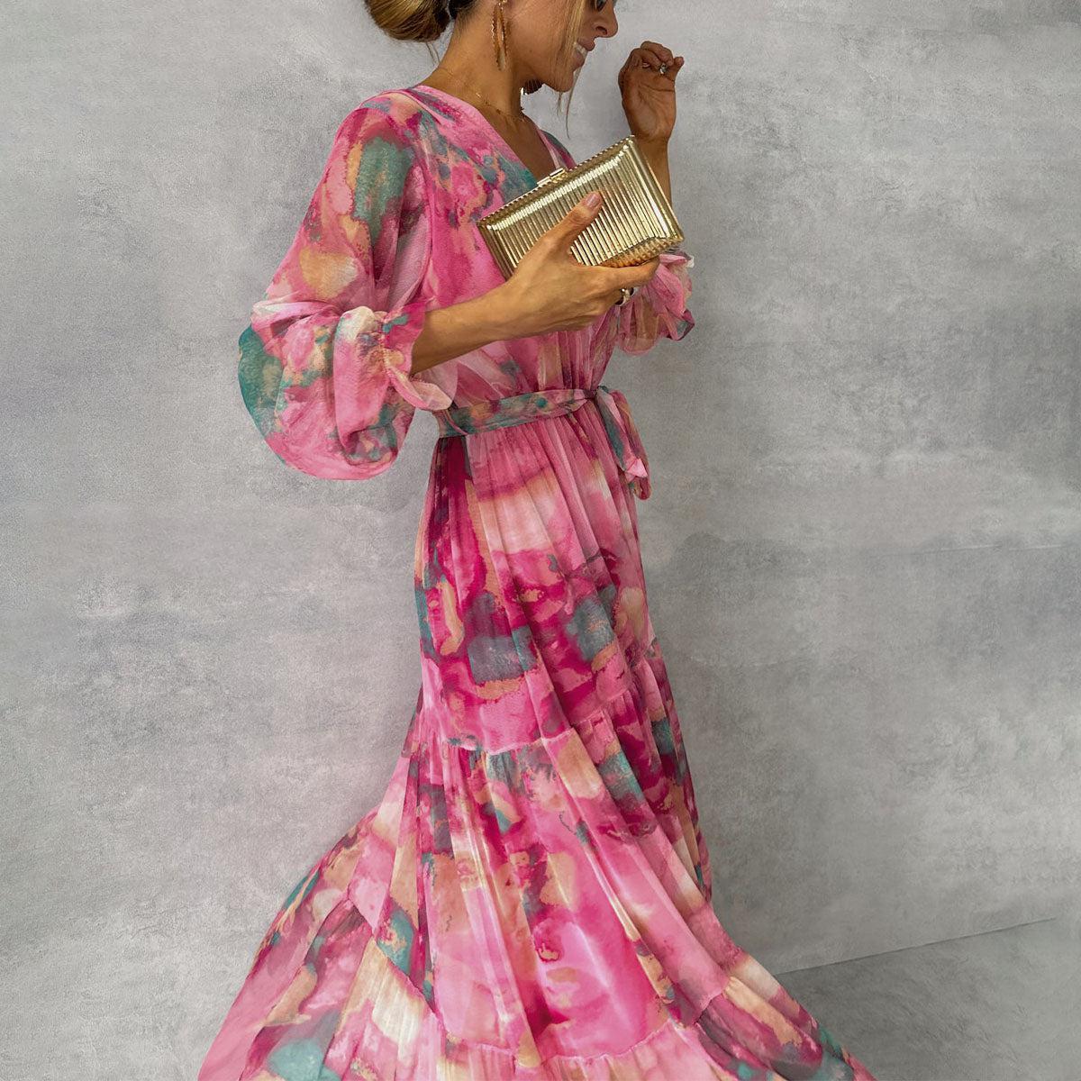 Women’s Long-Sleeve Floral Chiffon Maxi Dress – Elegant V-Neck, High-Waisted Pleated Swing Gown