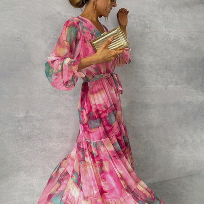 Women’s Long-Sleeve Floral Chiffon Maxi Dress – Elegant V-Neck, High-Waisted Pleated Swing Gown