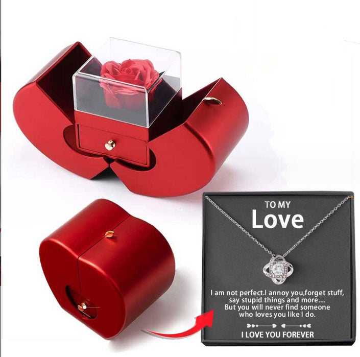 Eternal Rose Jewelry Box – Red Apple Gift Box with Artificial Rose Flower & Necklace for Girls