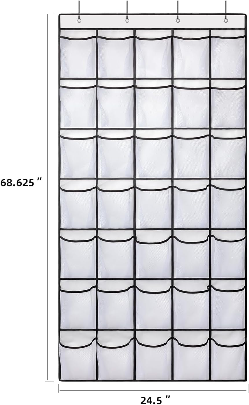 35 Pockets over the Door Shoe Organizer, Hanging Shoe Organizer for Door Large Capacity Shoe Storage Bag with 4 Metal Hooks (White-1Pack)