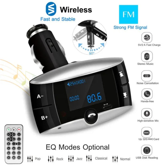 Car Wireless FM Transmitter – Bluetooth Audio Adapter with Hands-Free Calling & USB Charging
