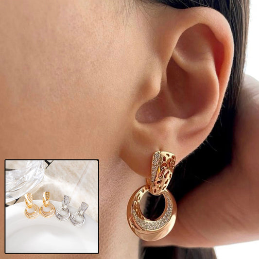 Luxury Rose Gold & Silver Drop Earrings – Hollow Moon Round Design with Natural Zircon for Bridal & Daily Wear