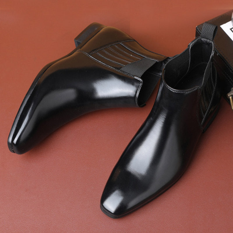 Men's Pointed Toe Chelsea Boots – British Style Formal Leather Dress Shoes with Square Heel