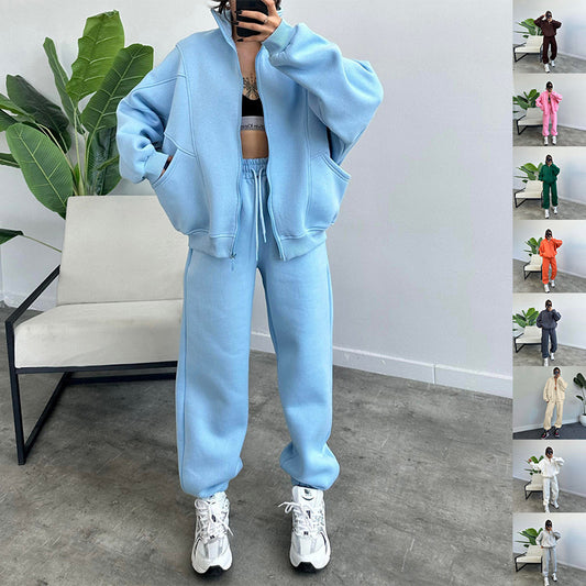 Women's Jogger Tracksuit Set – Zipper Stand Collar Cardigan & Drawstring Pants with Pockets